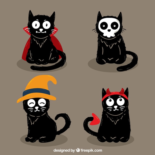 Vector gratuito pack de cuatro gatos negros dibujados a mano