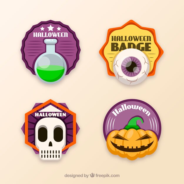 Pack de cuatro insignias de halloween en diseño plano 