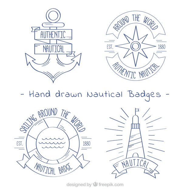 Pack de cuatro insignias náuticas dibujadas a mano