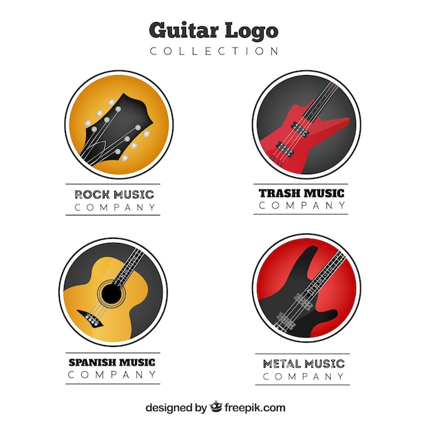 Pack de cuatro logos de guitarras en diseño realista