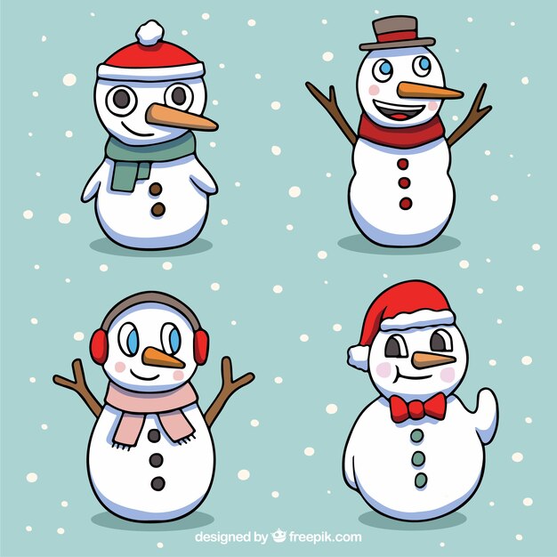 Pack de cuatro de muñecos de nieve dibujados a mano 
