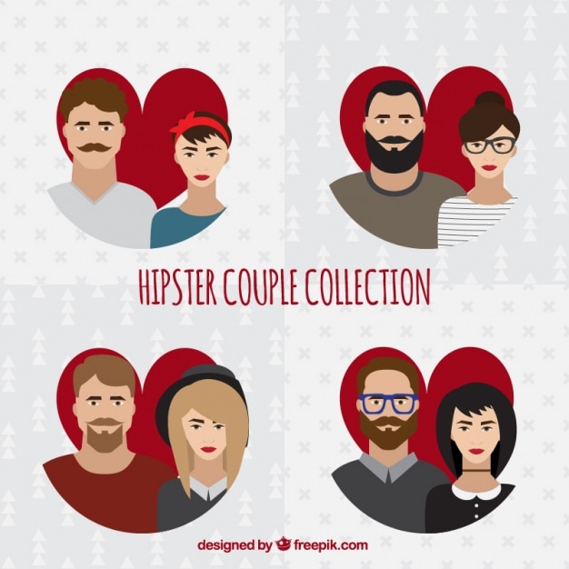 Pack de cuatro parejas hipster con fondo de corazón