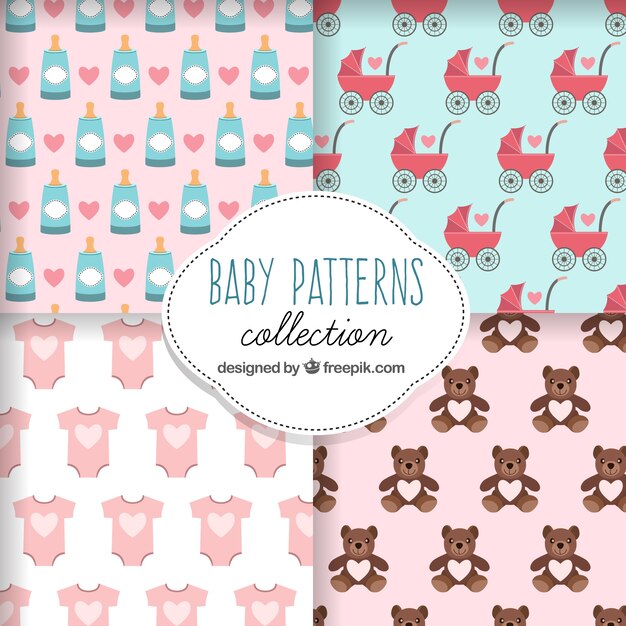 Pack de cuatro patrones fantásticos con artículos de bebés