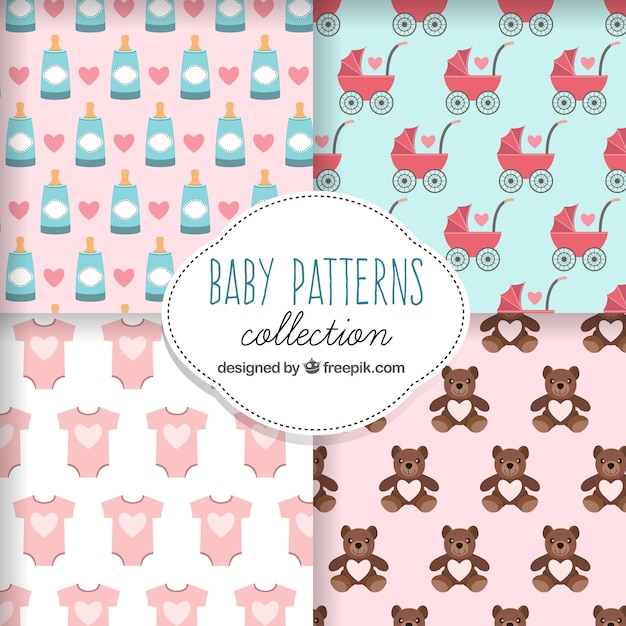 Pack de cuatro patrones fantásticos con artículos de bebés