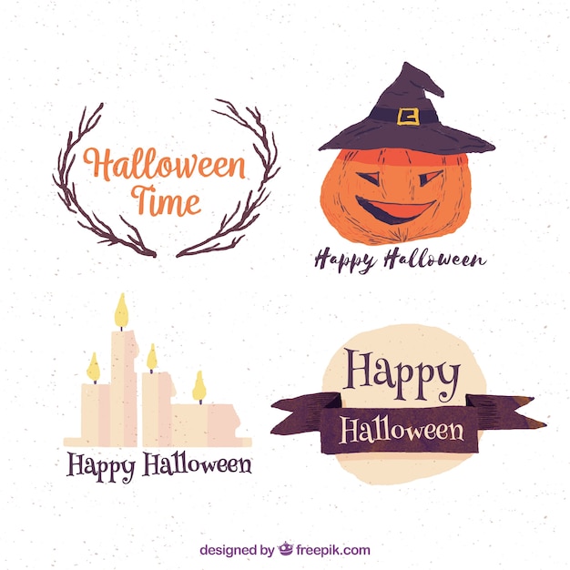 Vector gratuito pack de cuatro pegatinas de halloween dibujados a mano