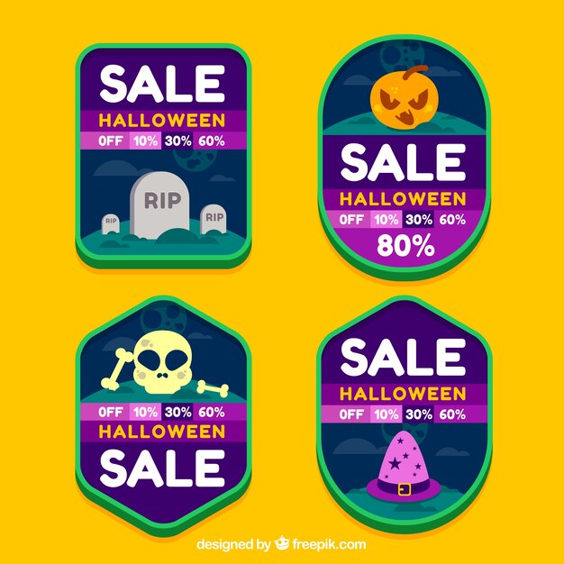 Pack de cuatro pegatinas de rebajas de halloween en diseño plano