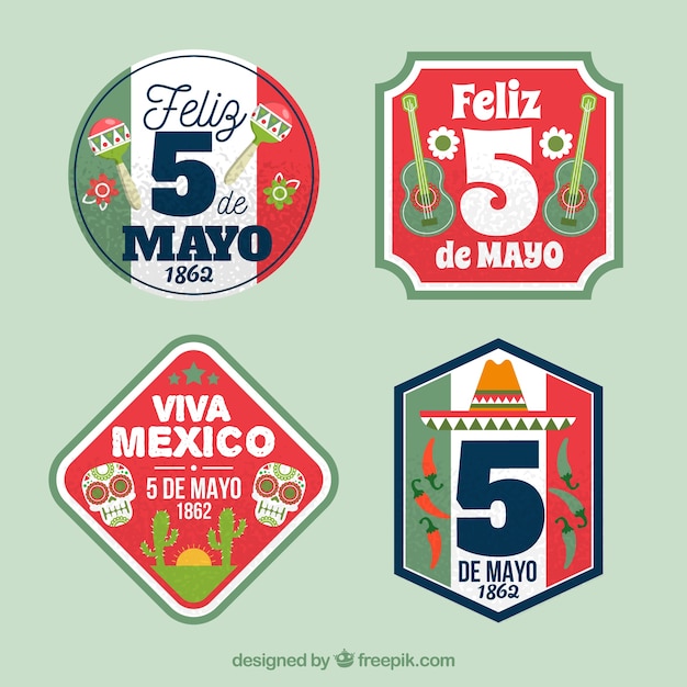 Vector gratuito pack de cuatro pegatinas vintage de cinco de mayo