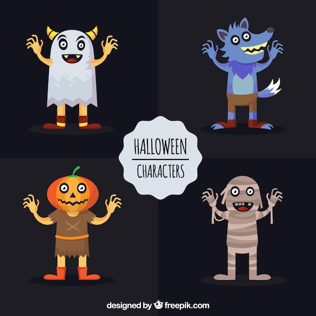 Pack de cuatro personajes de halloween en diseño plano