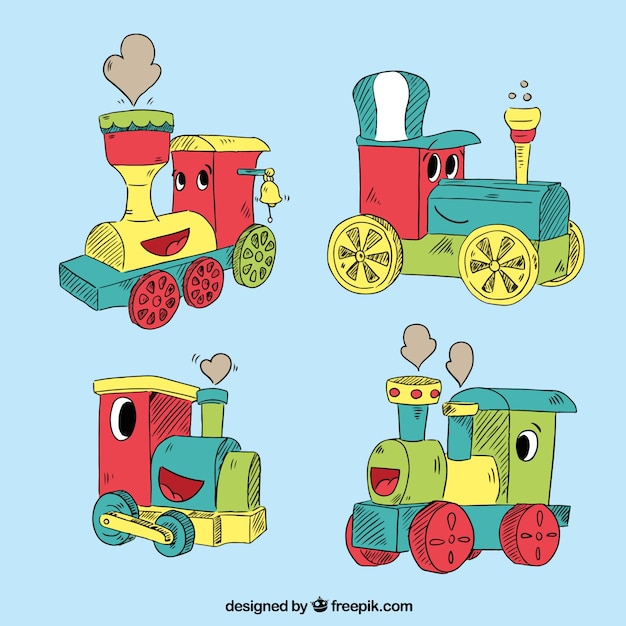 Vector gratuito pack de cuatro personajes de locomotoras