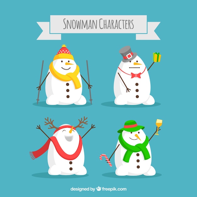 Vector gratuito pack de cuatro personajes de muñecos de nieve