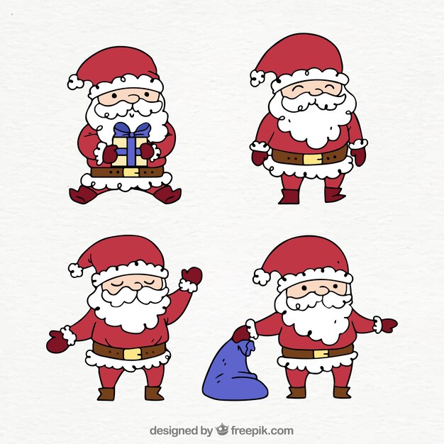 Pack de cuatro personajes de santa claus dibujados a mano