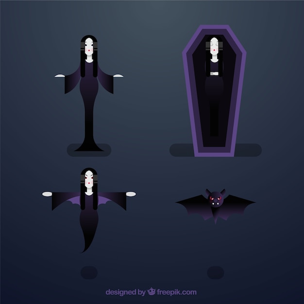 Vector gratuito pack de cuatro personajes de vampiros en diseño plano