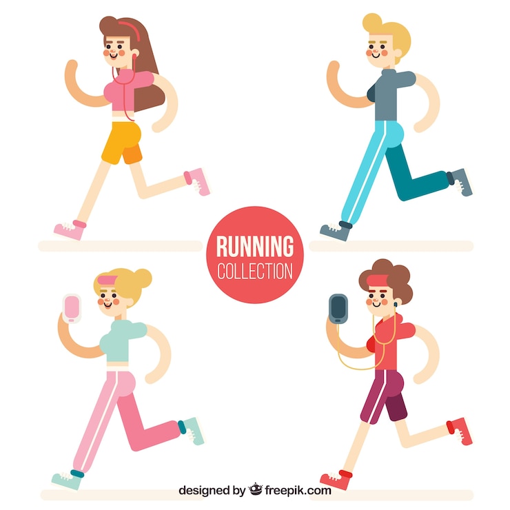 Vector gratuito pack de cuatro personas corriendo en diseño plano