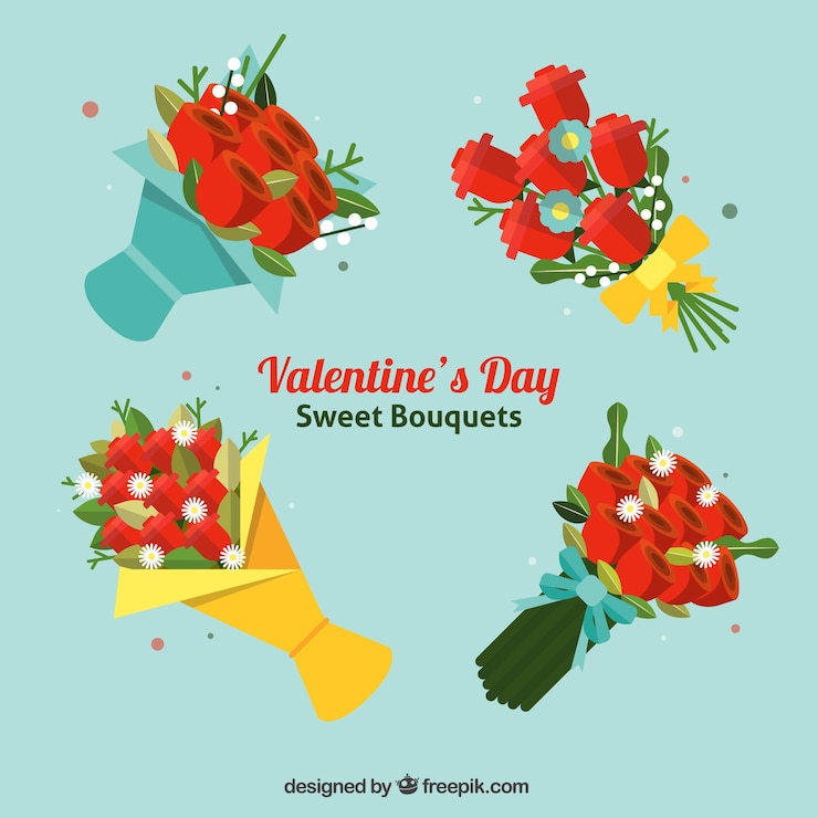 Vector gratuito pack de cuatro ramos con flores rojas