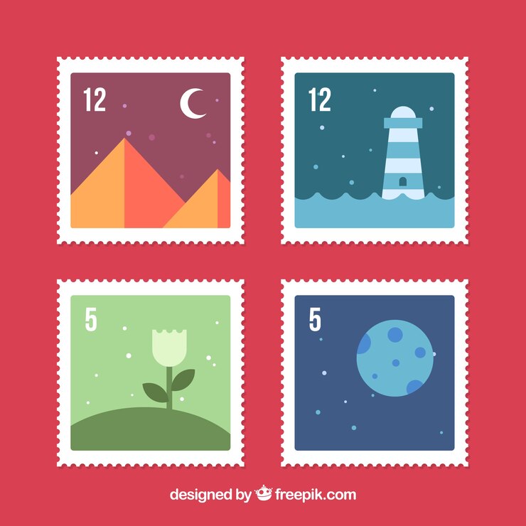 Vector gratuito pack de cuatro sellos con paisajes en diseño plano