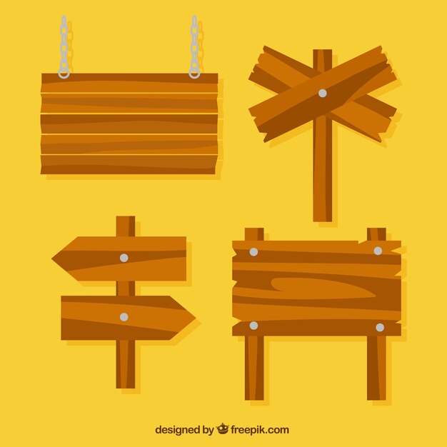 Pack de cuatro señales de madera en diseño plano