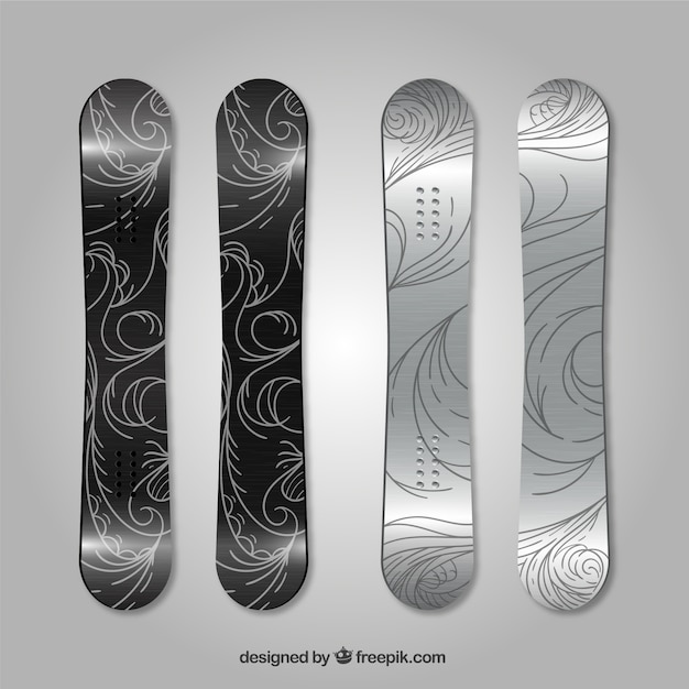 Vector gratuito pack de cuatro snowboards con diseños abstractos