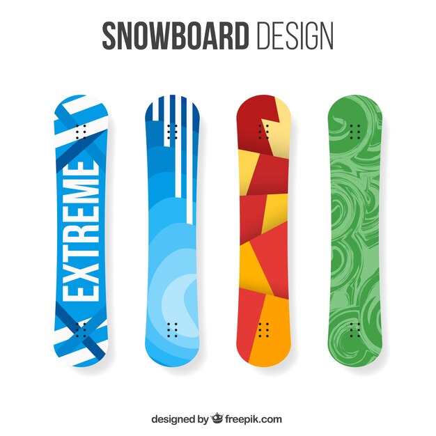 Pack de cuatro snowboards con diseños modernos 