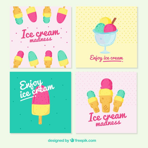 Pack de cuatro tarjetas de helados en colores pastel
