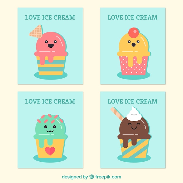 Vector gratuito pack de cuatro tarjetas de helados en diseño plano