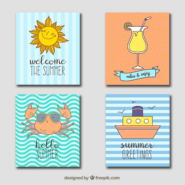 Pack de cuatro tarjetas de verano dibujadas a mano 