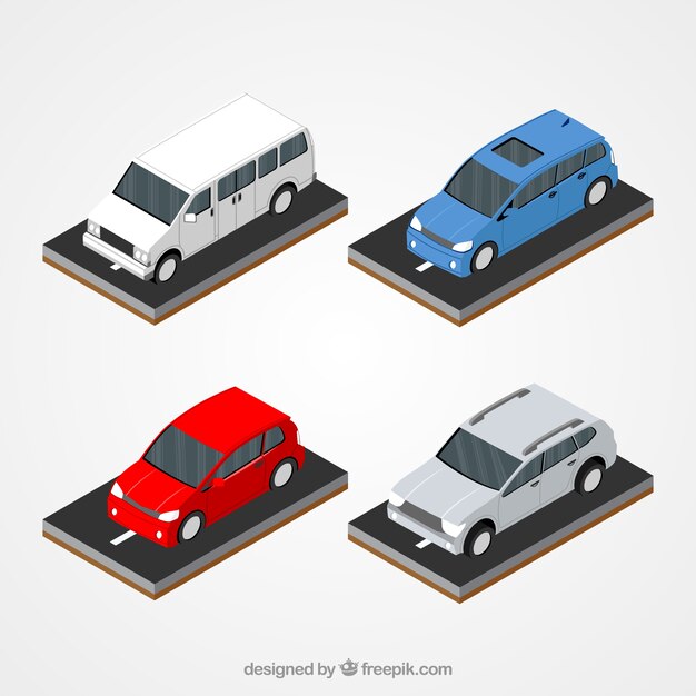 Pack de cuatro vehículos de colores en diseño isométrico