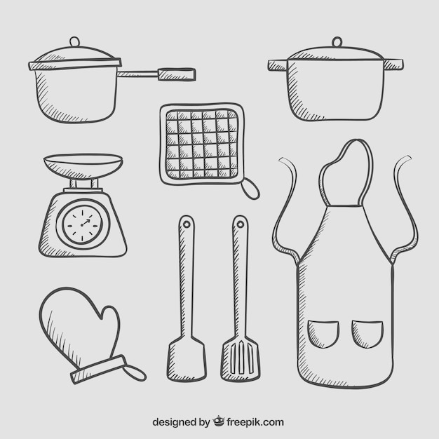 Pack de delantal y utensilios de cocina dibujados a mano