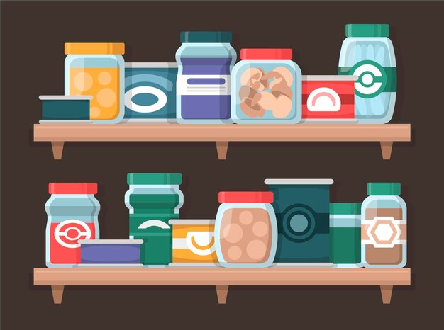 Pack de despensa de diseño plano con diferentes alimentos.
