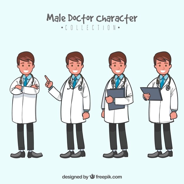 Pack dibujado a mano con doctor llevando bata blanca