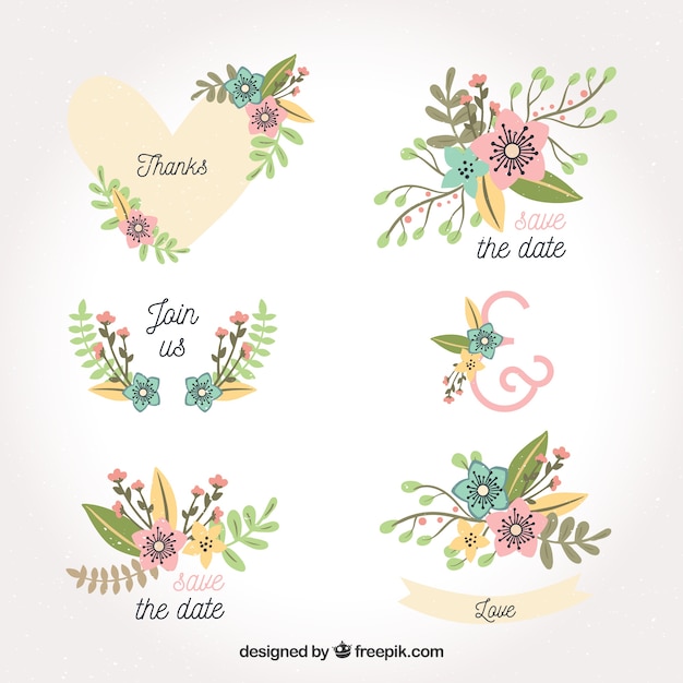 Pack dibujado a mano de etiquetas de boda florales
