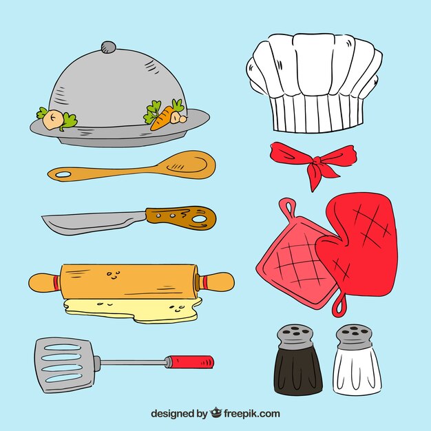 Pack dibujado a mano de geniales artículos de chef