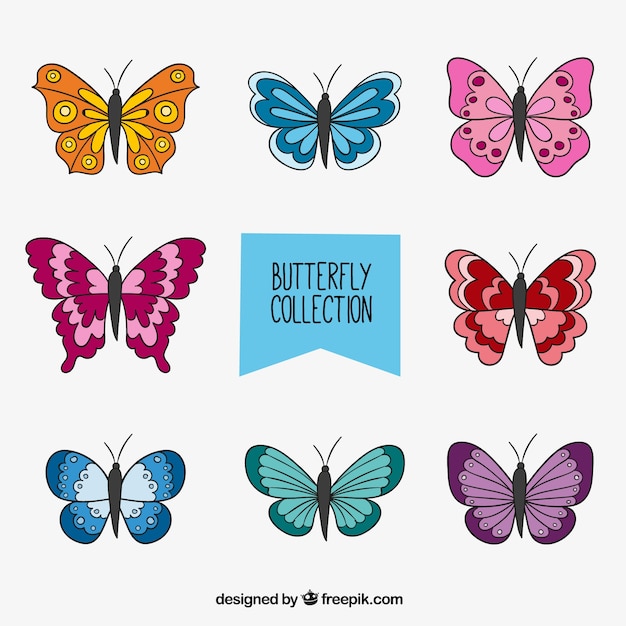 Vector gratuito pack dibujado a mano de mariposas de colores