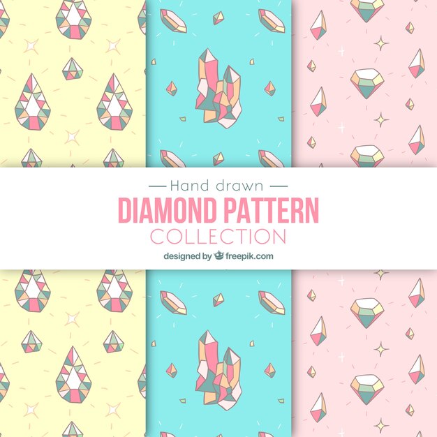 Pack dibujado a mano de patrones con gemas preciosas en colores pastel