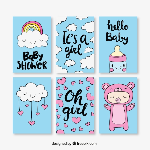 Pack dibujado a mano de tarjetas de fiesta del bebé bonitas
