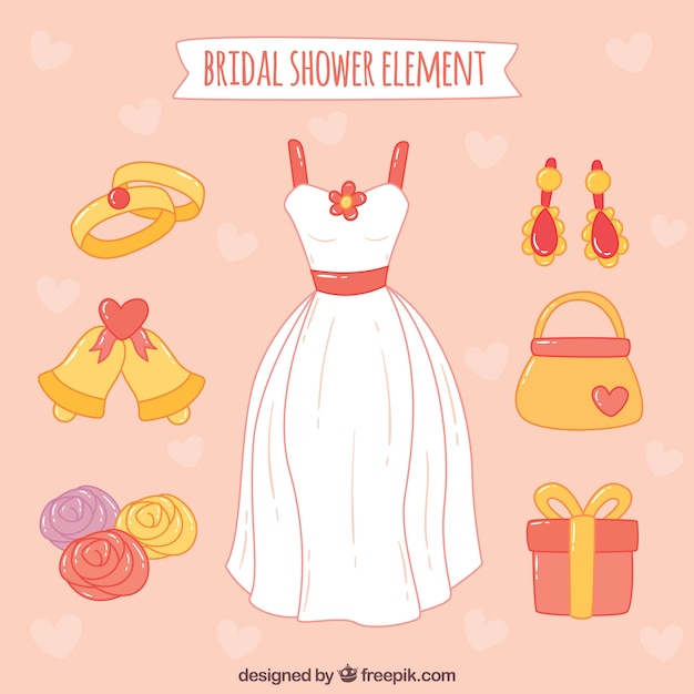 Pack dibujado a mano de vestido de boda y otros elementos decorativos