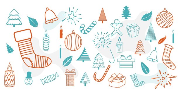 Pack de diseño de adornos navideños decorativos en estilo doodle