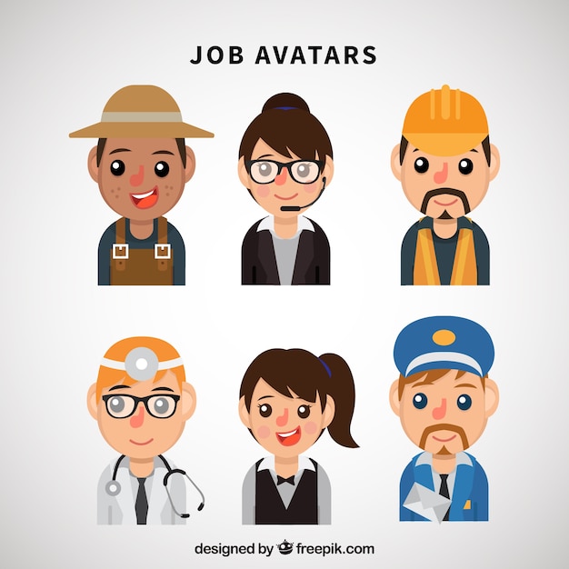 Pack divertido de avatares de trabajadores con diseño plano