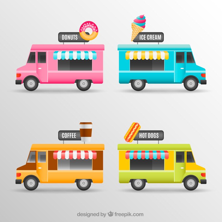 Vector gratuito pack divertido de food trucks coloridas