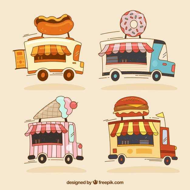 Pack divertido de food trucks dibujados a mano