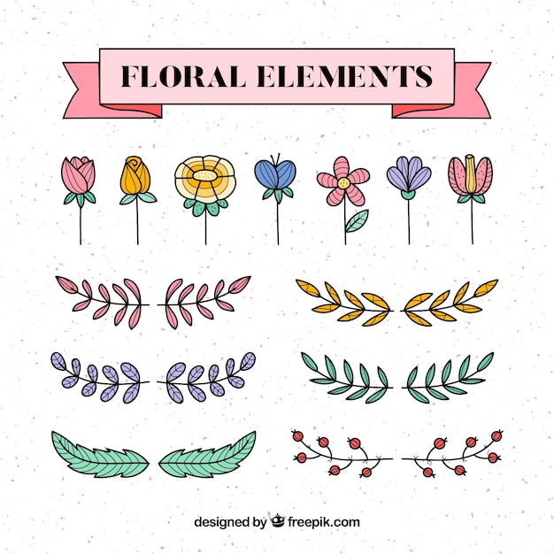 Vector gratuito pack elegante de elementos florales dibujados a mano