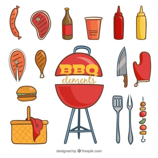 Pack de elementos de barbacoa dibujados a mano
