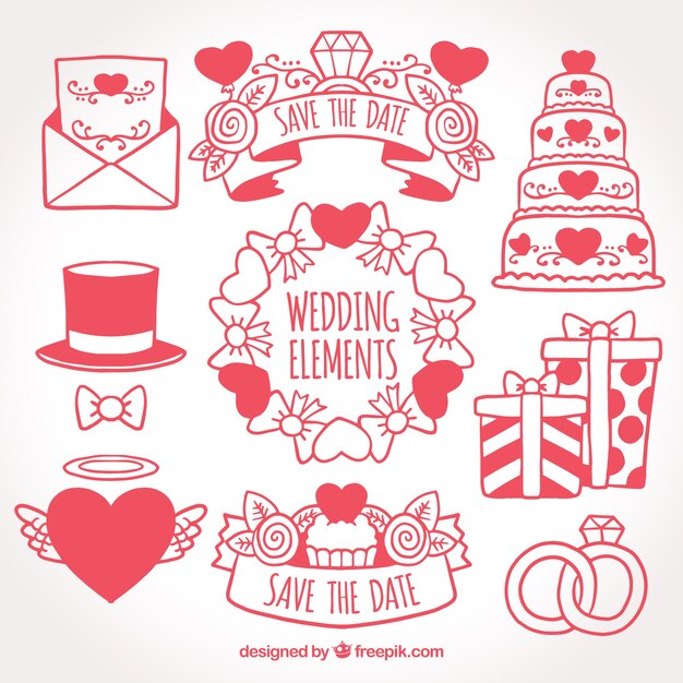 Pack de elementos de boda con corazones decorativos