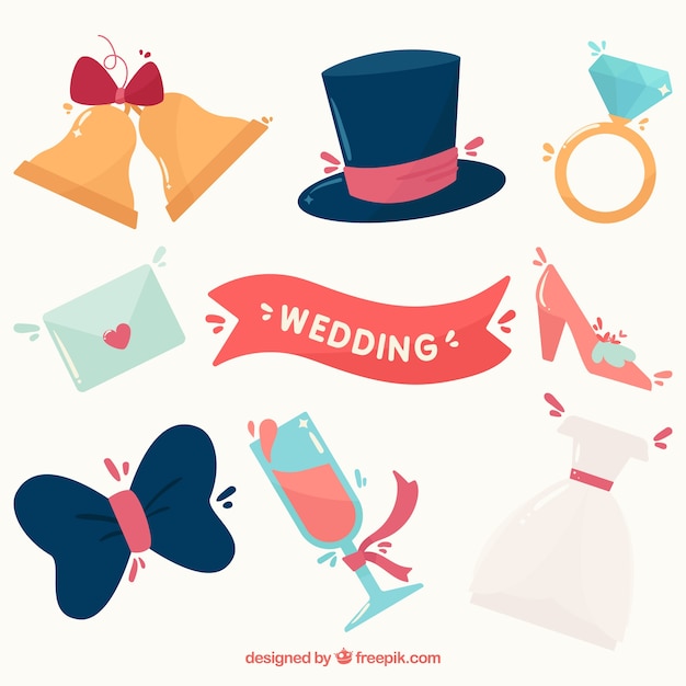 Vector gratuito pack de elementos de boda en diseño plano