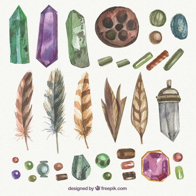 Pack de elementos boho con piedras preciosas en efecto acuarela