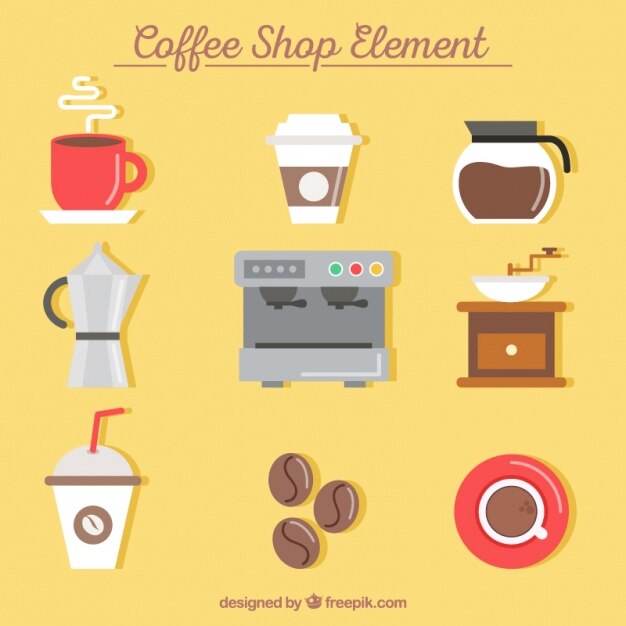 Pack de elementos de café en diseño plano 