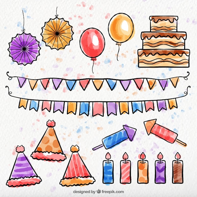 Pack de elementos de decoración de cumpleaños de acuarela 