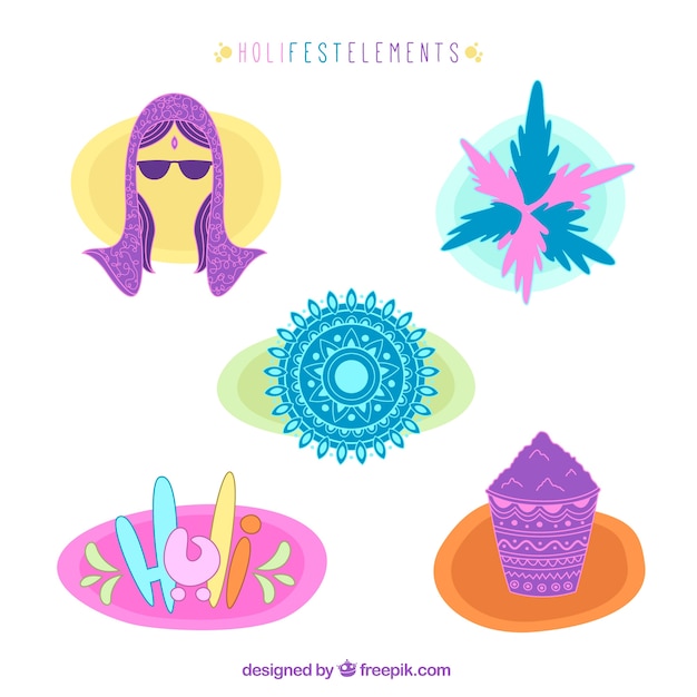 Vector gratuito pack de elementos decorativos de holi dibujados a mano