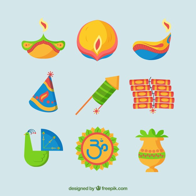 Pack de elementos de diwali en diseñio plano 