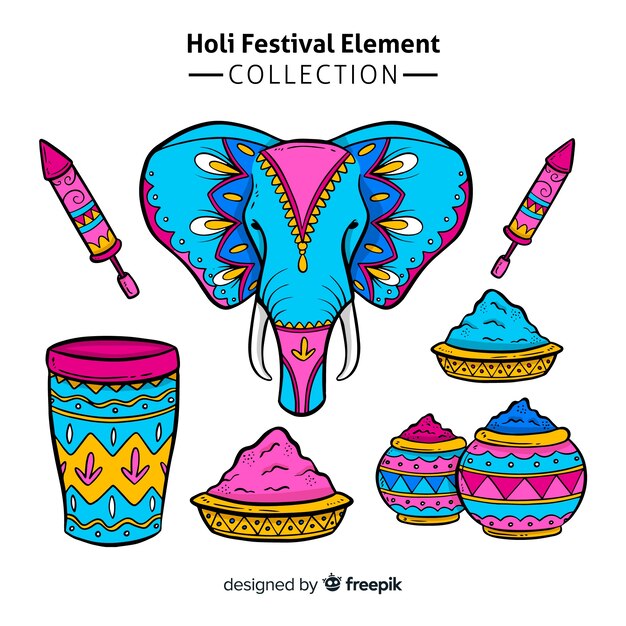 Pack elementos festival holi dibujados a mano