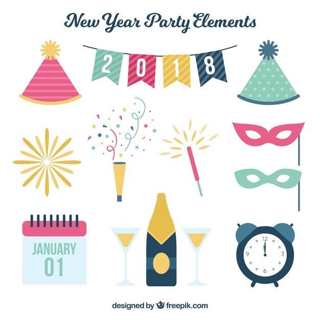 Pack de elementos de fiesta de año nuevo en diseño plano 